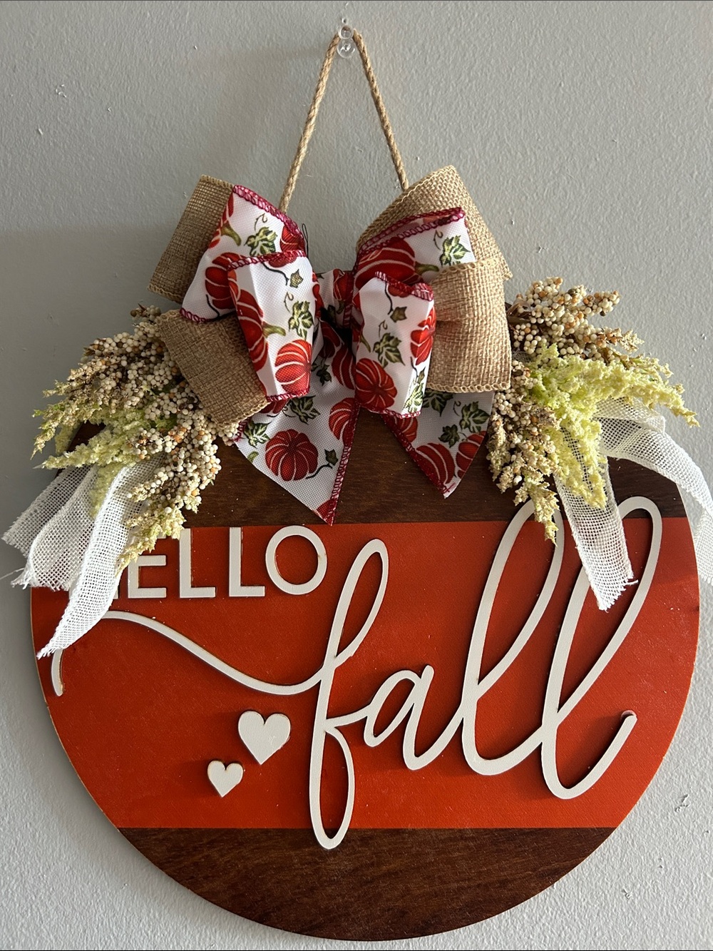 “Hello Fall”Round Wooden Sign with White Script and Bow - Picture 9 of 12